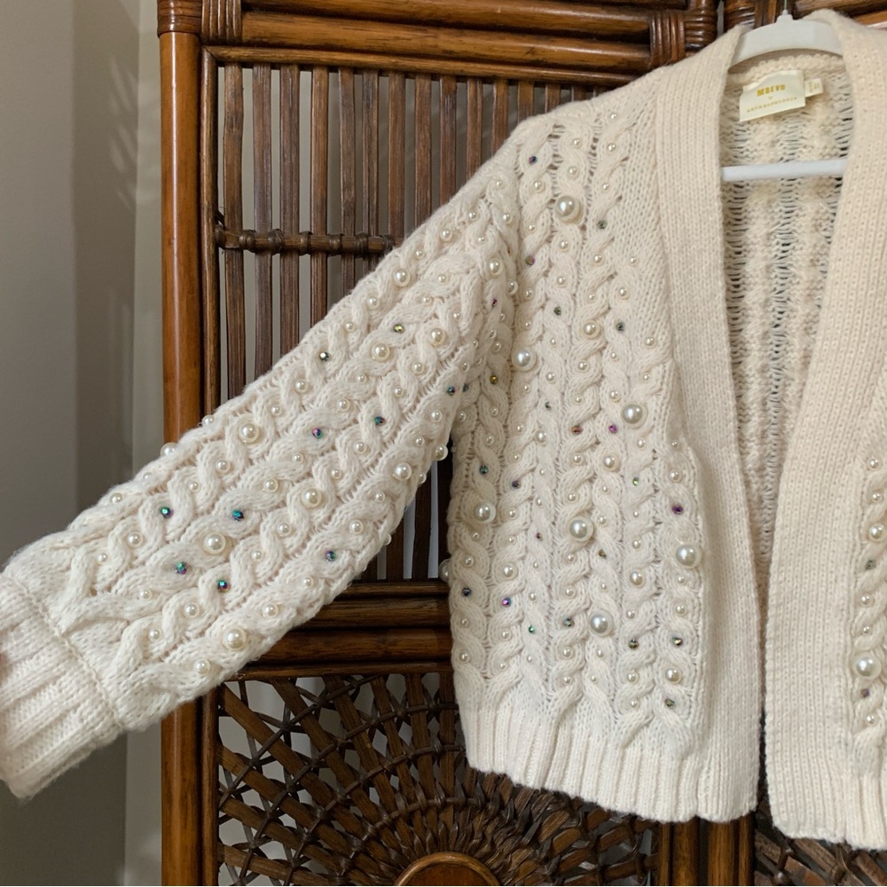 Maeve Anthropologie Party Pearl Embellished Knit Open Cardigan - Picture 3 of 16